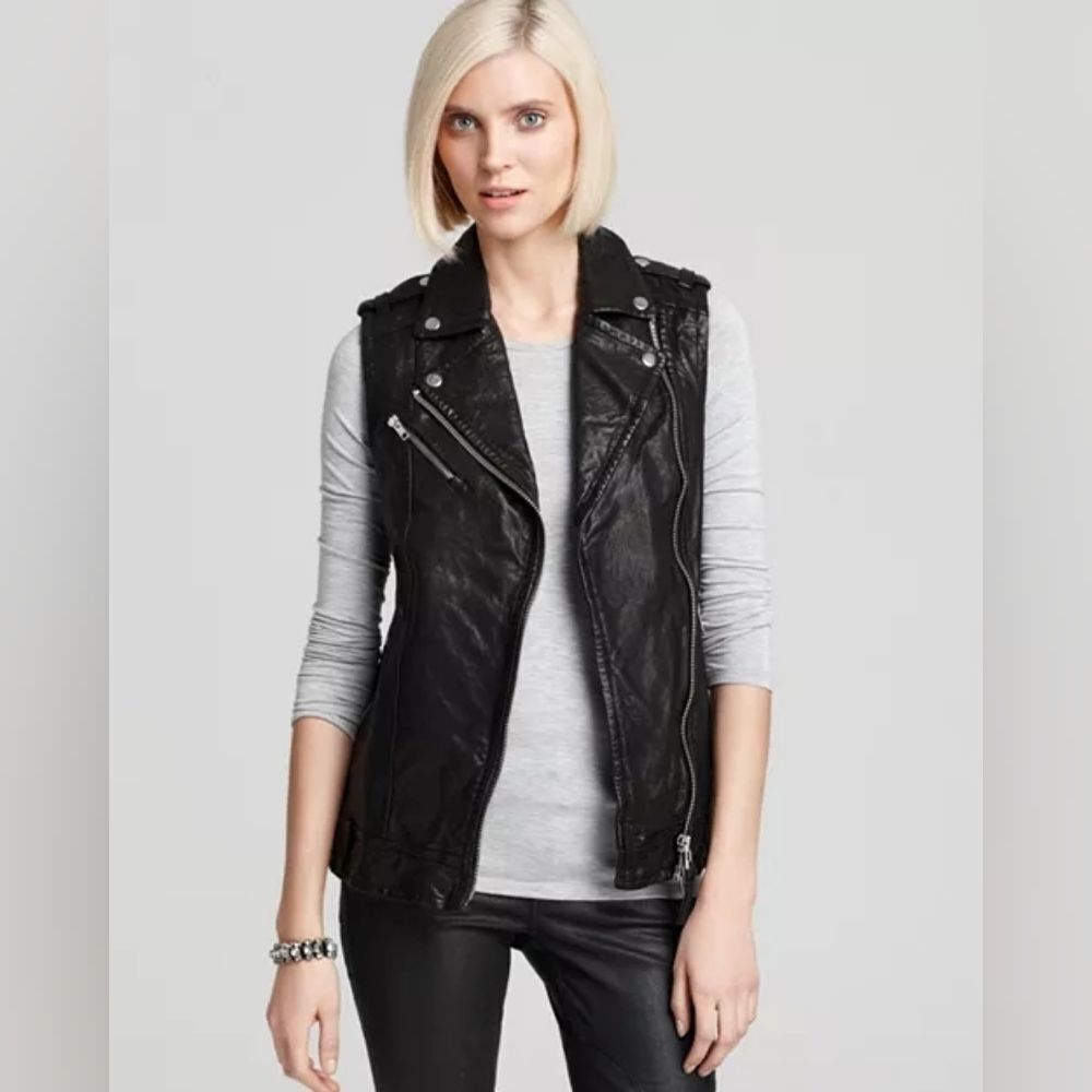 Mackage Lambskin Leather Asymmetric Moto Vest - Women's Large - Black